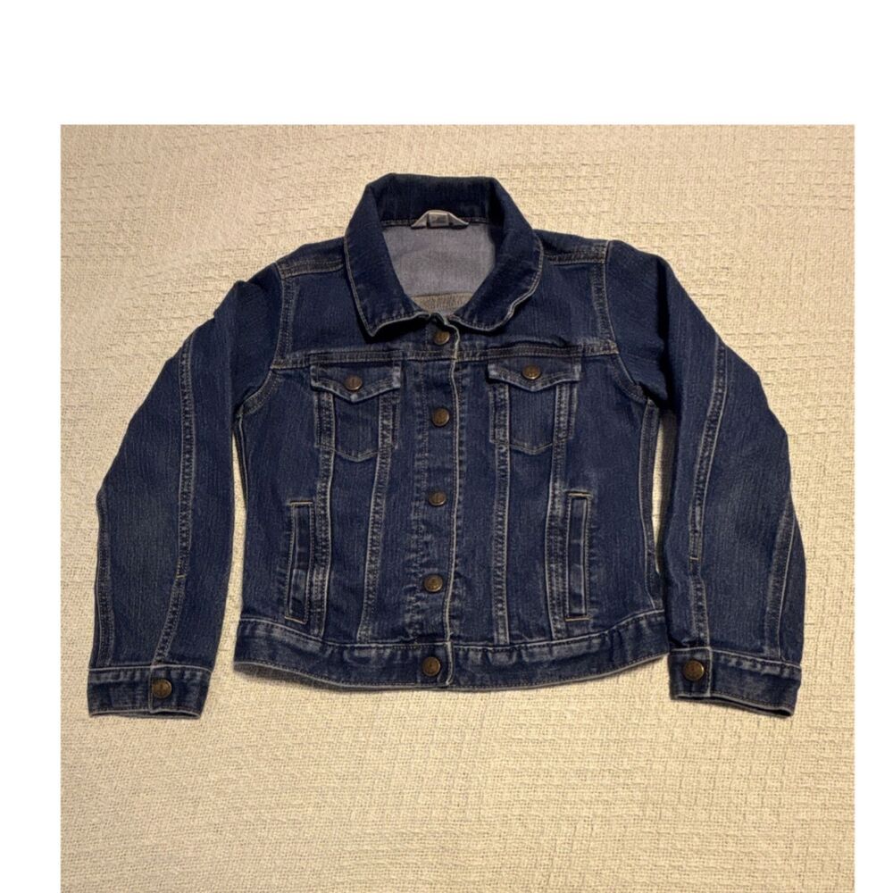 Lands' End Kids Blue Denim Jacket L (6X-7) Button Front Collared Pockets